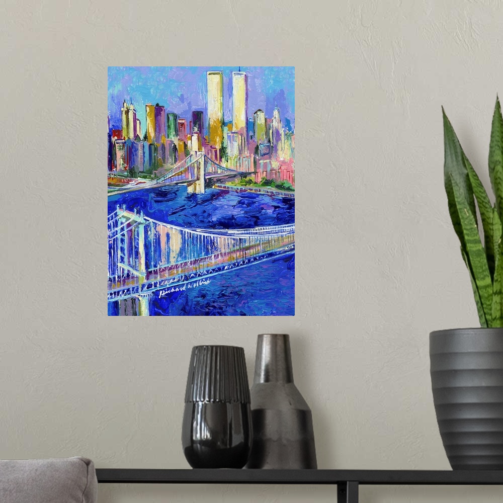 A modern room featuring View of the Manhattan bridge with the Manhattan skyline in the distance.