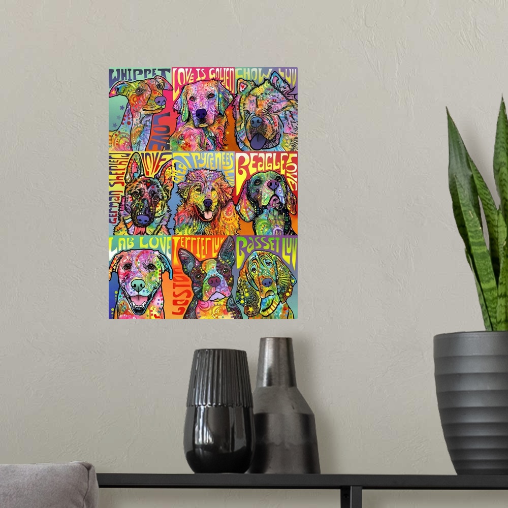 A modern room featuring Pop art style painting of nine dogs in a  grid filled with color.