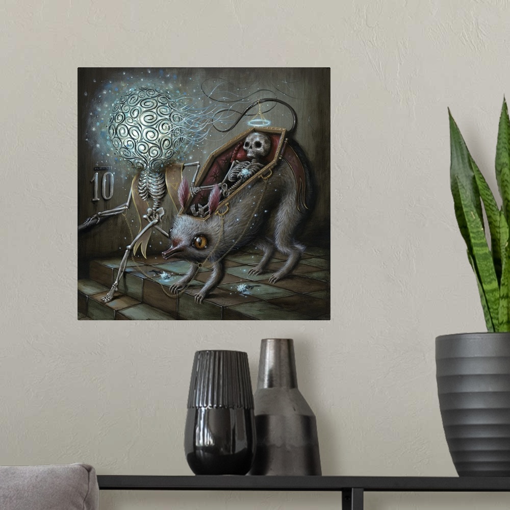 A modern room featuring Surrealist painting of a human skeleton riding in the coffin shaped back of a rat being led by an...