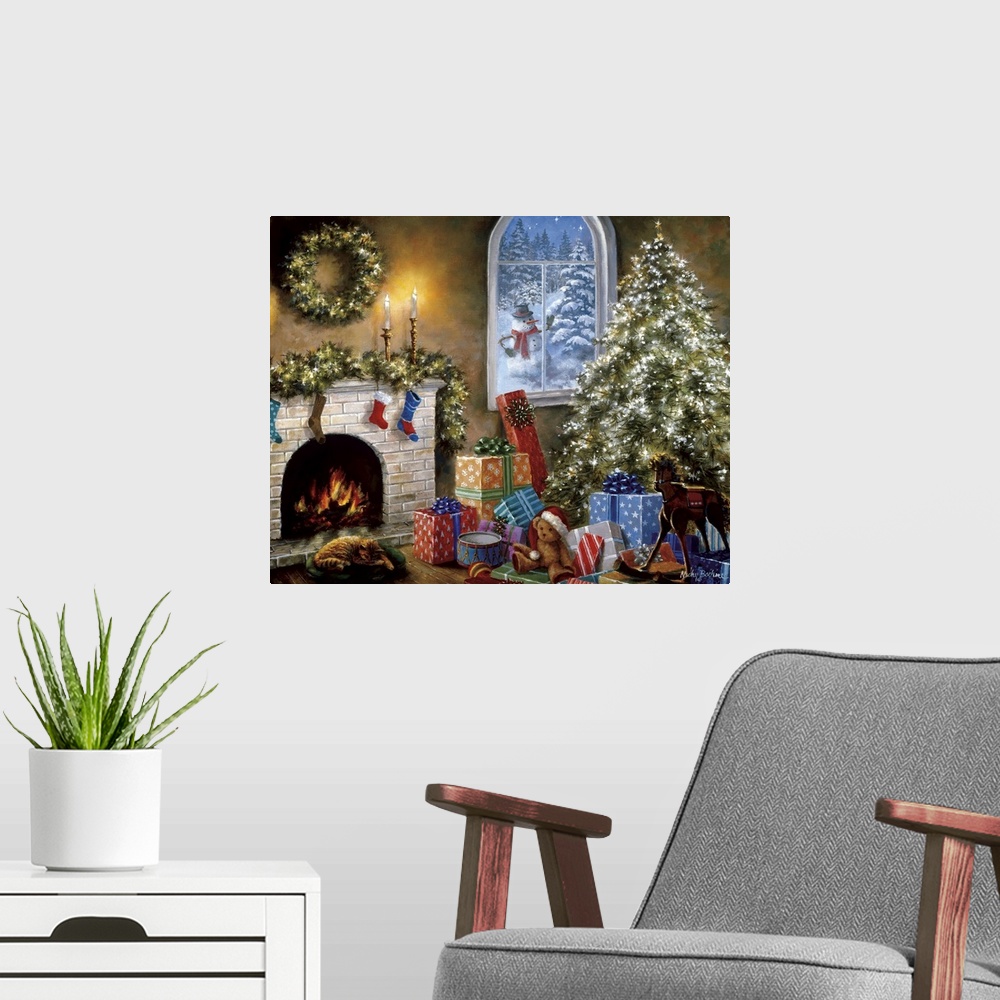 A modern room featuring Painting of a living room scene featuring a large Christmas tree next to a fireplace. Product is ...