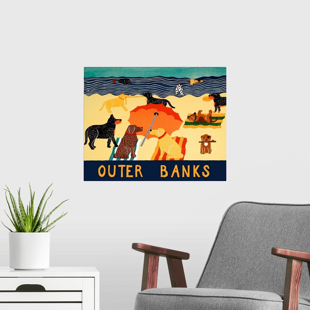 A modern room featuring Illustration of multiple breeds of dogs having a beach day with "Outer Banks" written on the bottom.
