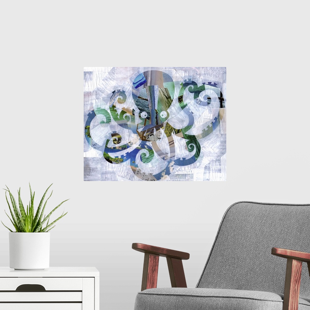 A modern room featuring Multimedia collage of magazine clippings and paint of a whimsical octopus.