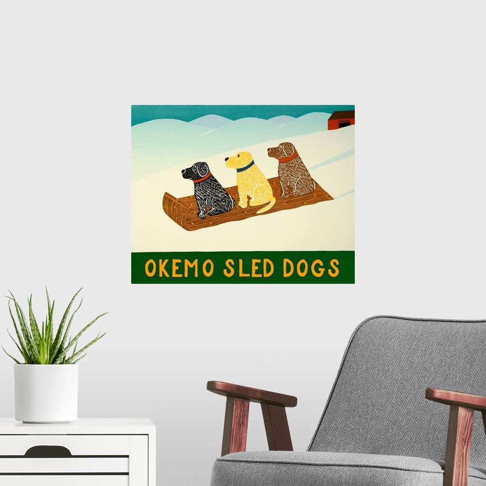 A modern room featuring Illustration of a chocolate, yellow, and black lab sledding down the slopes with the phrase "Okem...