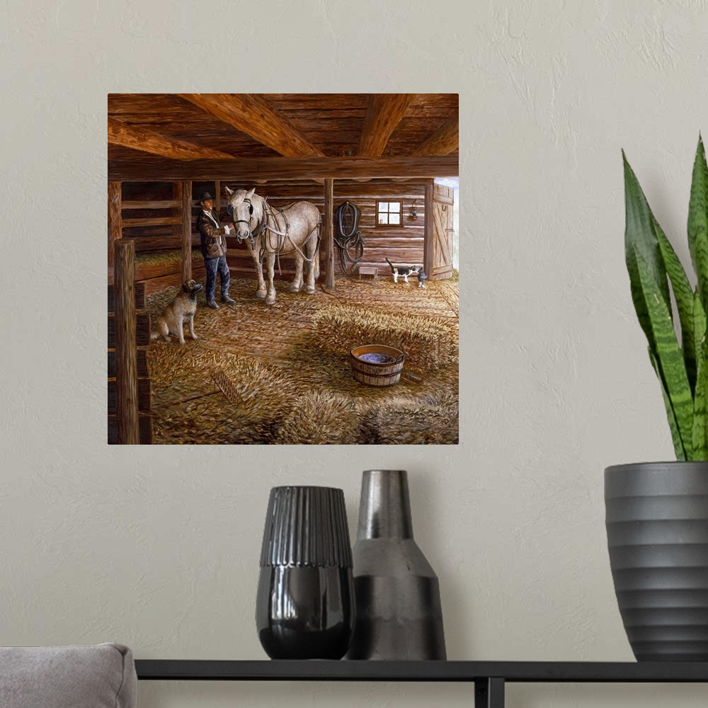 A modern room featuring Contemporary artwork of a man with his horse and dog in a barn.