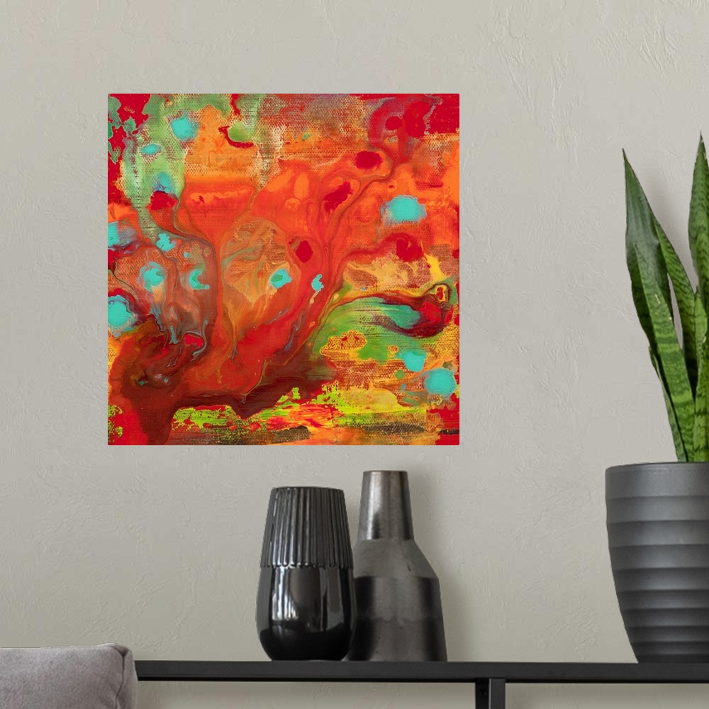 A modern room featuring A contemporary abstract painting using using vibrant orange and red tones in a swirling of fury.