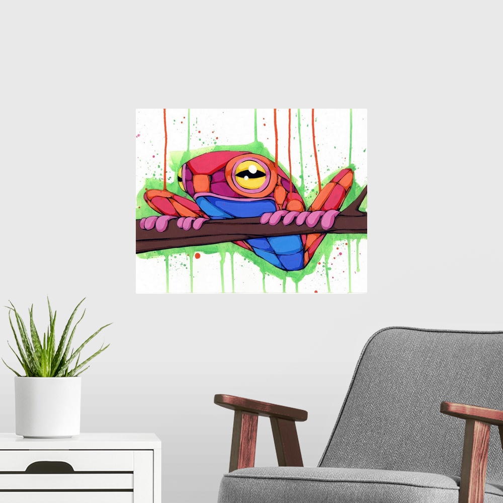 A modern room featuring Geometric painting of a colorful tree frog on a tree branch.