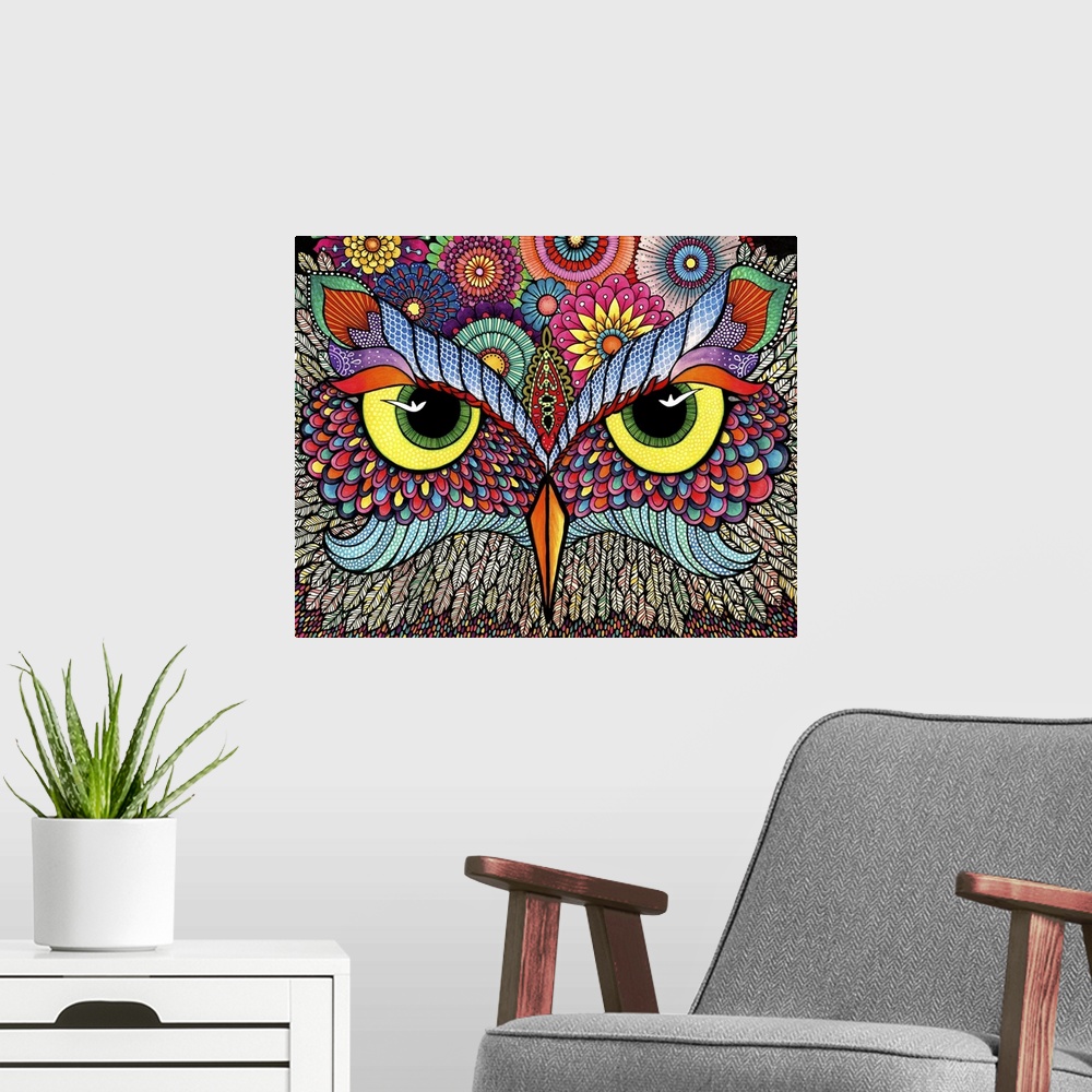 A modern room featuring Contemporary abstract artwork of a brightly colored and patterned owl face close-up.