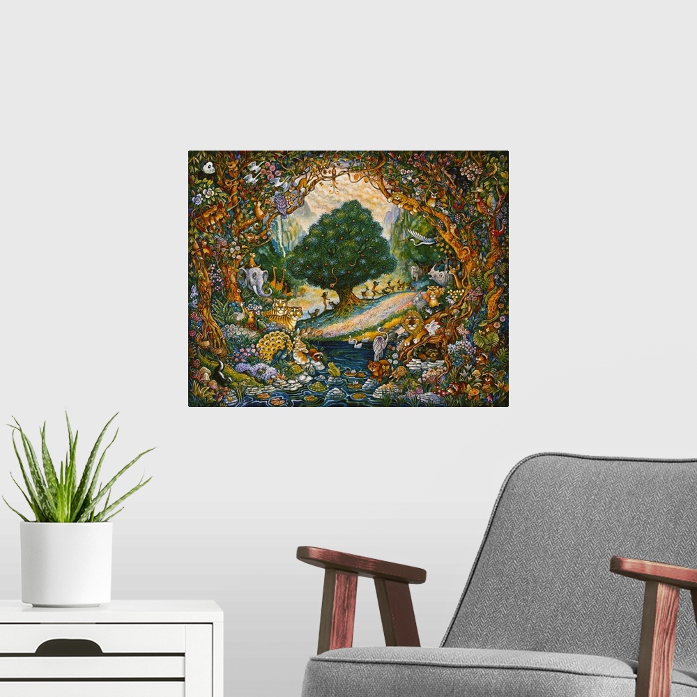 A modern room featuring Pre-lapsarian Adam and Eve in garden of Eden with animals all around.
