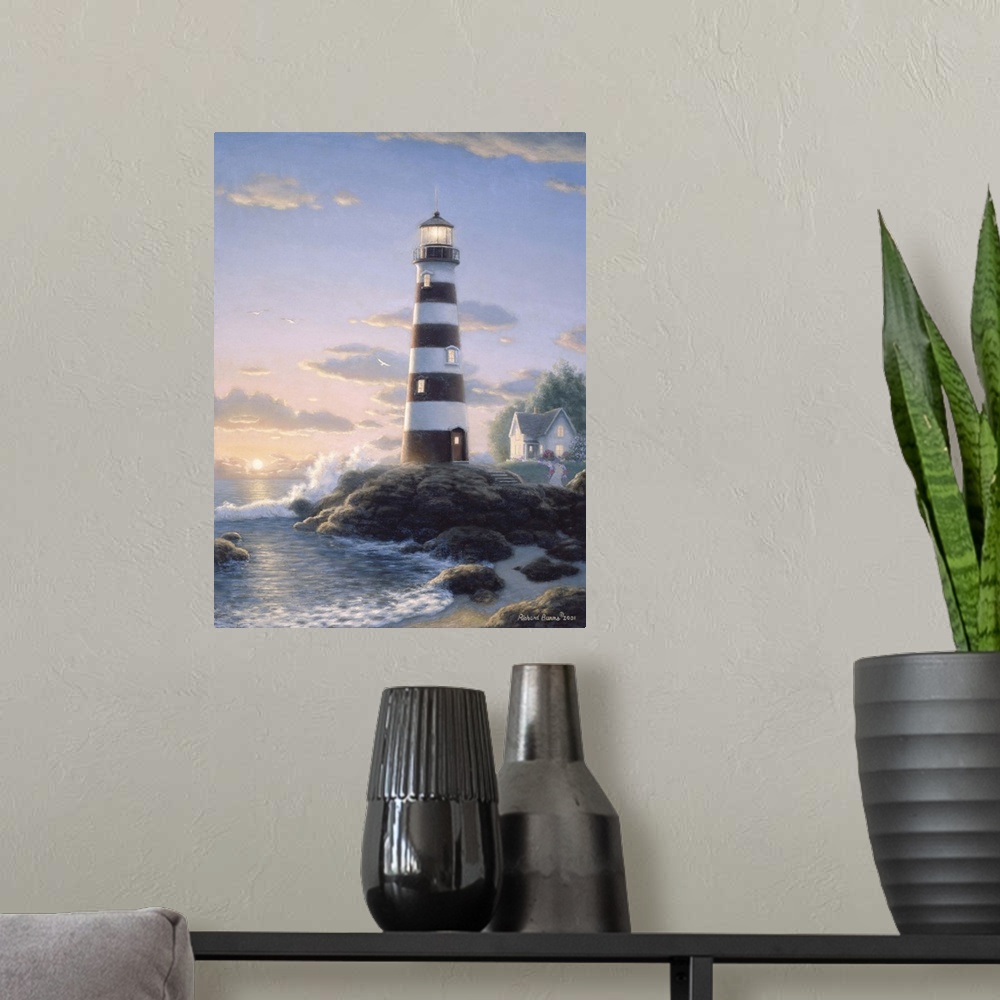 A modern room featuring Contemporary painting of a striped lighthouse.