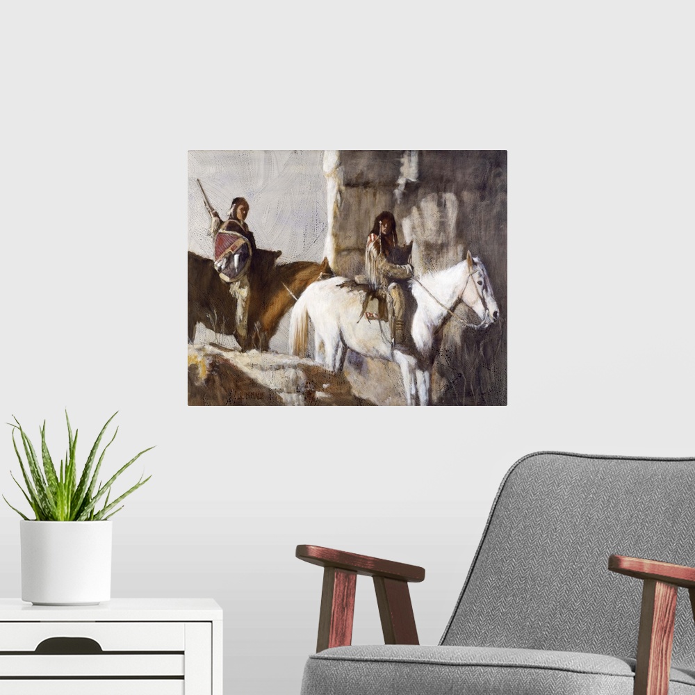 A modern room featuring Contemporary western theme painting of native americans on horseback.
