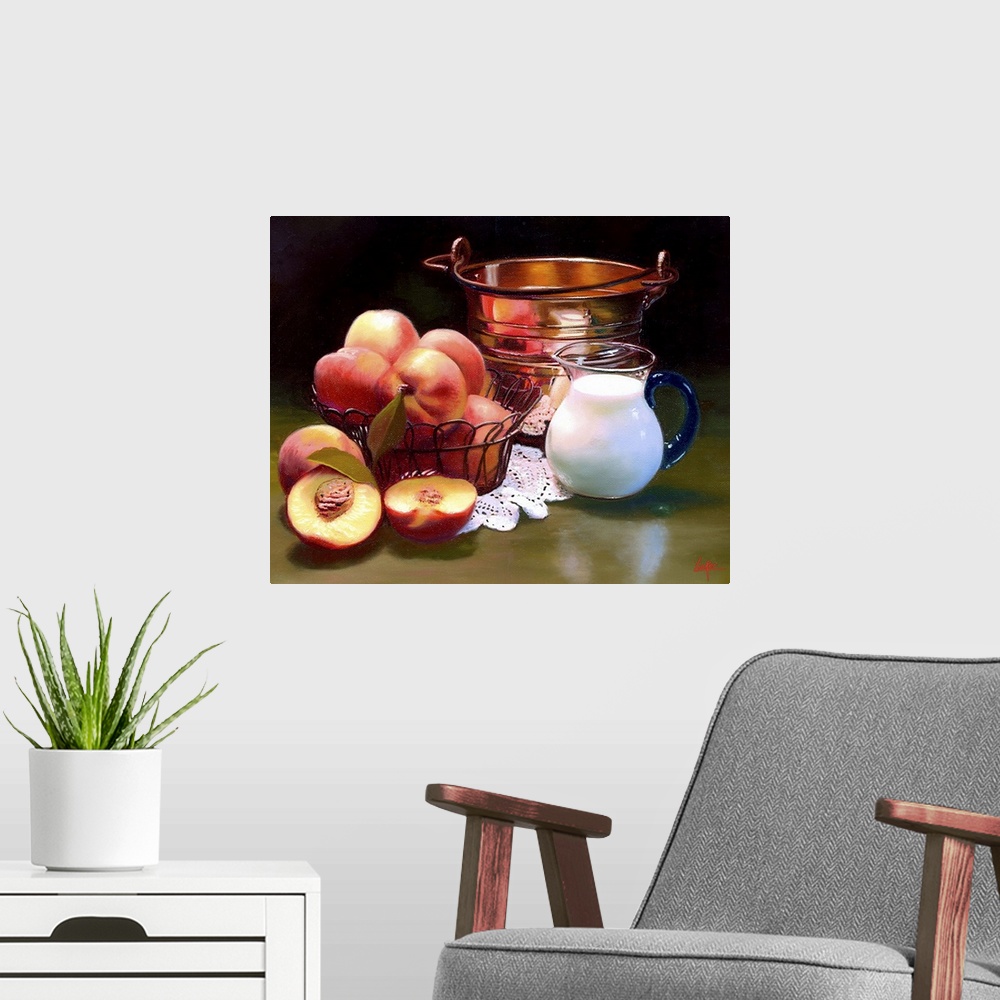 A modern room featuring Wire basket of peaches on table with peaches cut open, pitcher of cream and copper bucket.