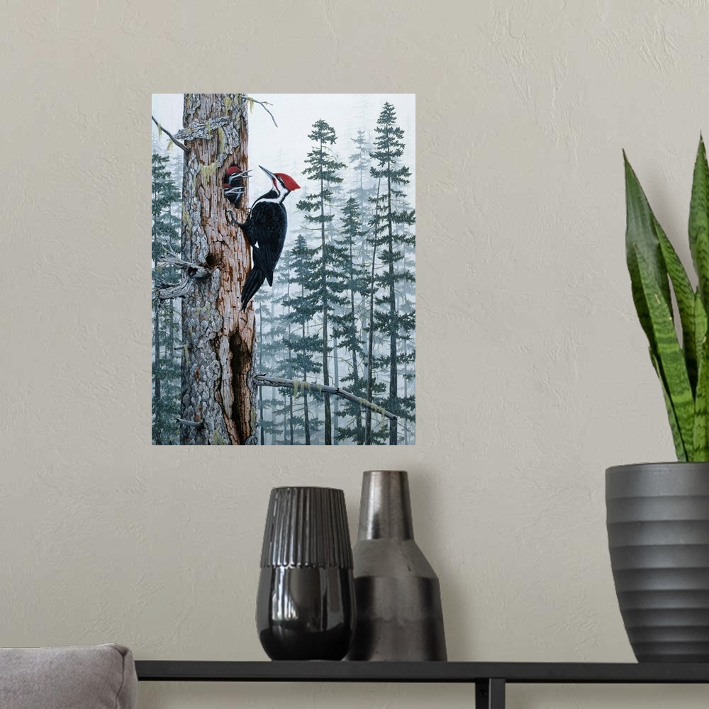 A modern room featuring a red headed wood pecker on a dead tree