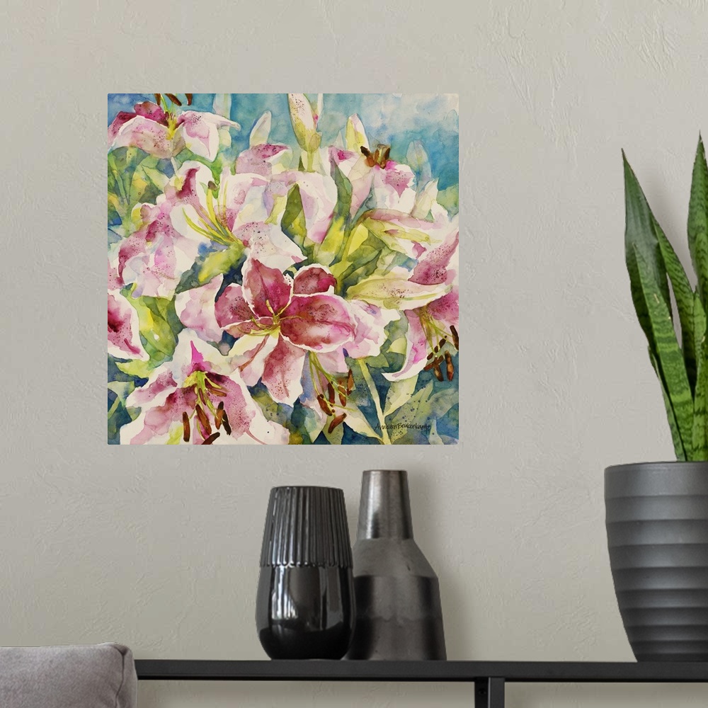 A modern room featuring Contemporary watercolor painting of flowers.