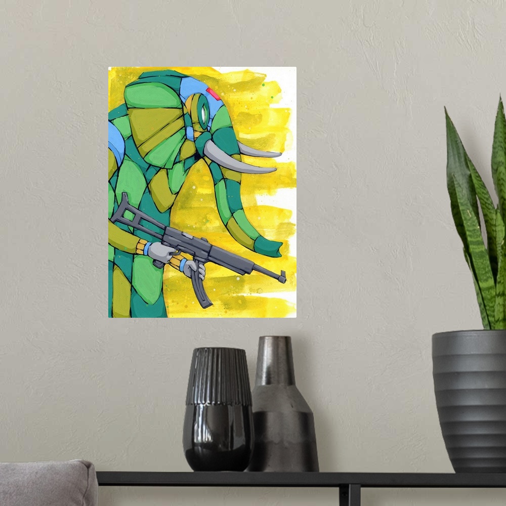 A modern room featuring Geometric painting of an elephant carrying a gun, using camouflage colors and a bright yellow bac...