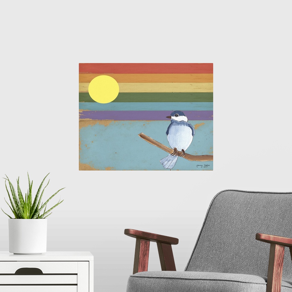 A modern room featuring Drawing of a bird on a striped rainbow background.