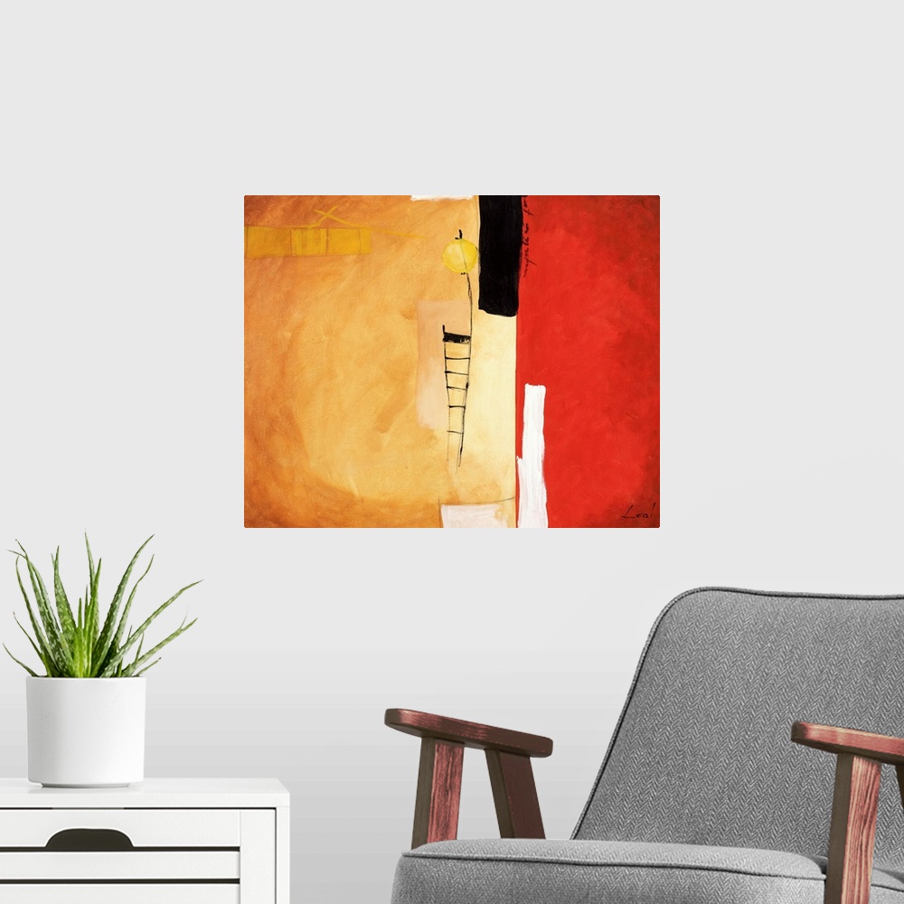 A modern room featuring Abstract painting with tones of red, white, black and yellows.