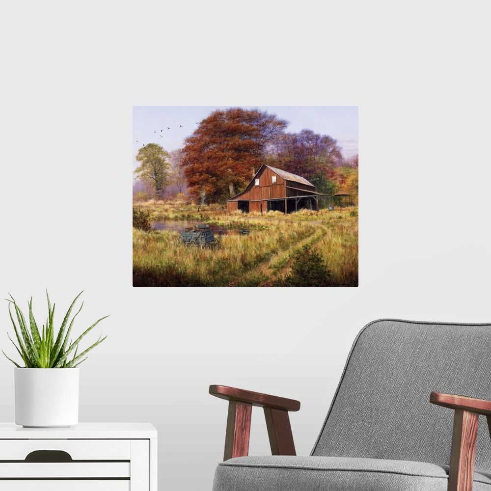 A modern room featuring Red barn by pond in field with geese flying south in formation aboveautumn, fall, foliage.