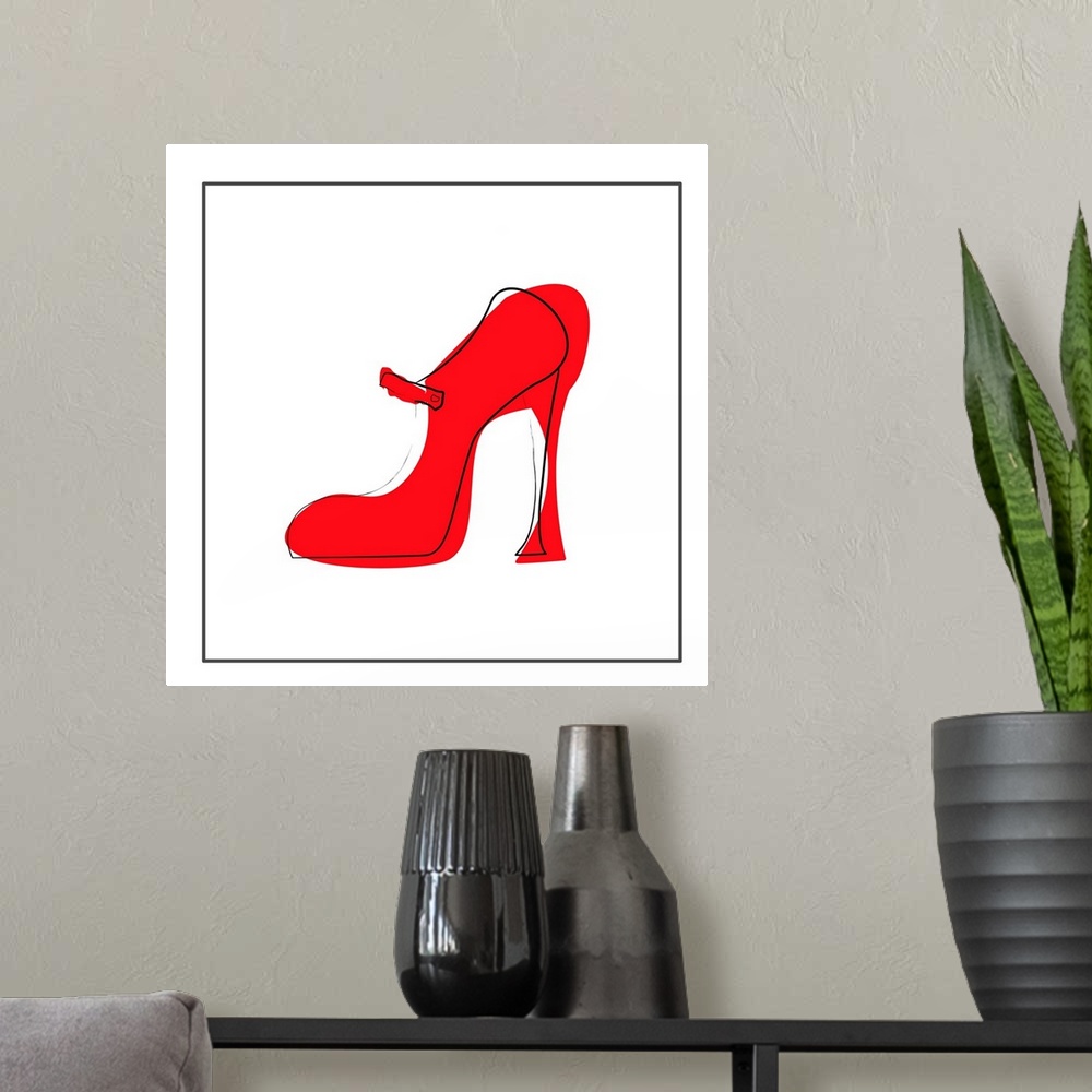 A modern room featuring red high heeled shoe