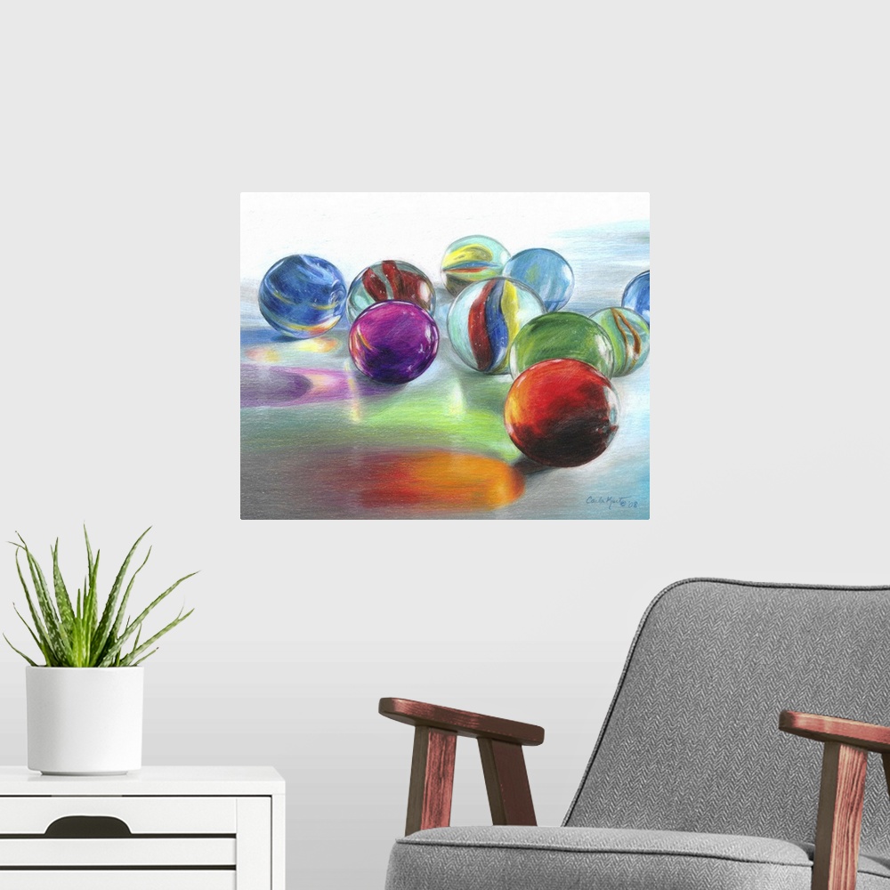 A modern room featuring Contemporary still-life artwork of glass marbles on a white surface with bright light shining thr...