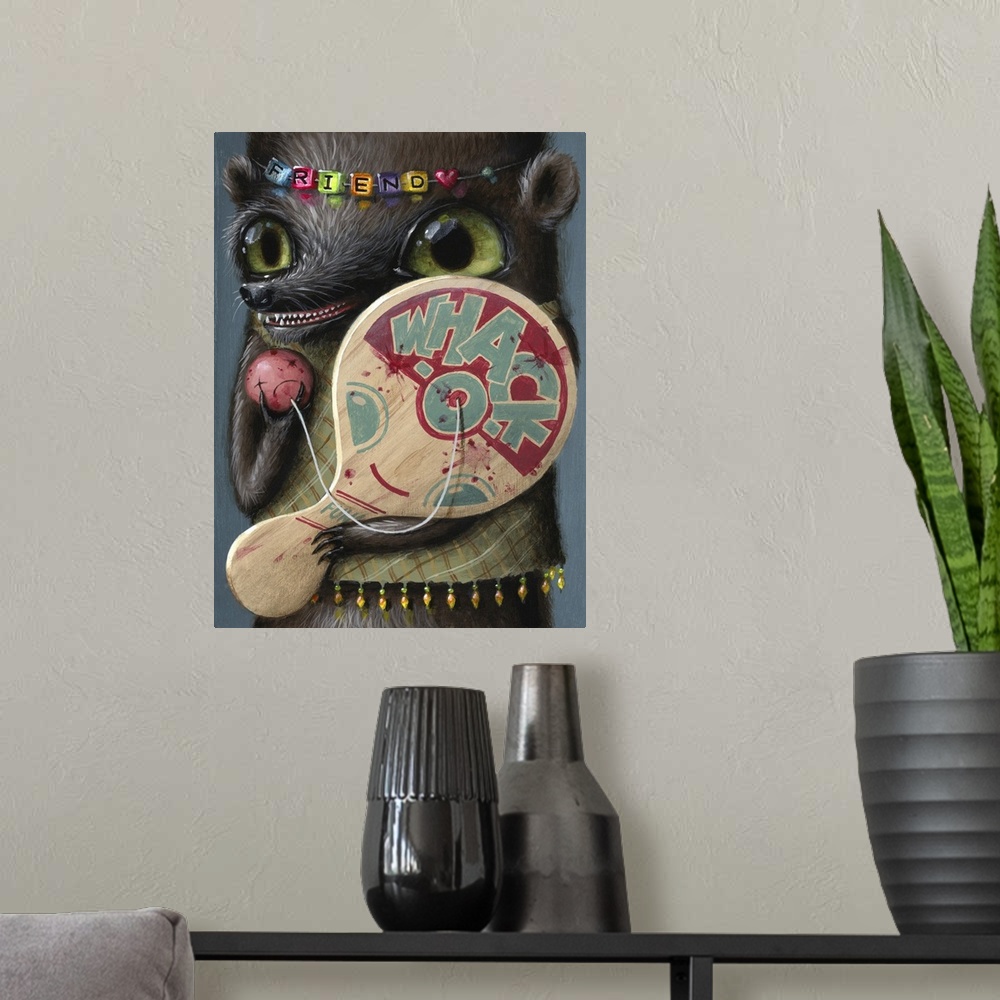 A modern room featuring Surrealist painting of an animal wearing a colorful bracelet around its head and holding a paddle...