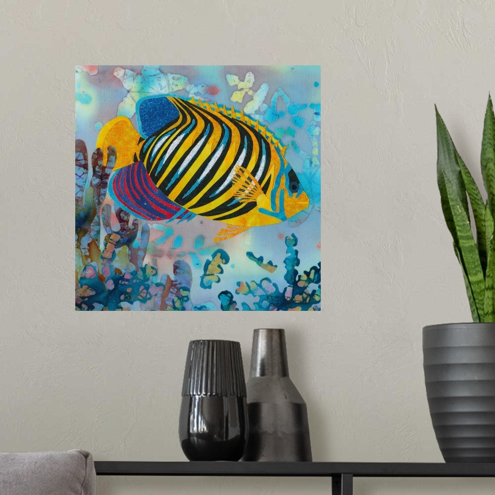 A modern room featuring Contemporary colorful painting of a tropical fish.