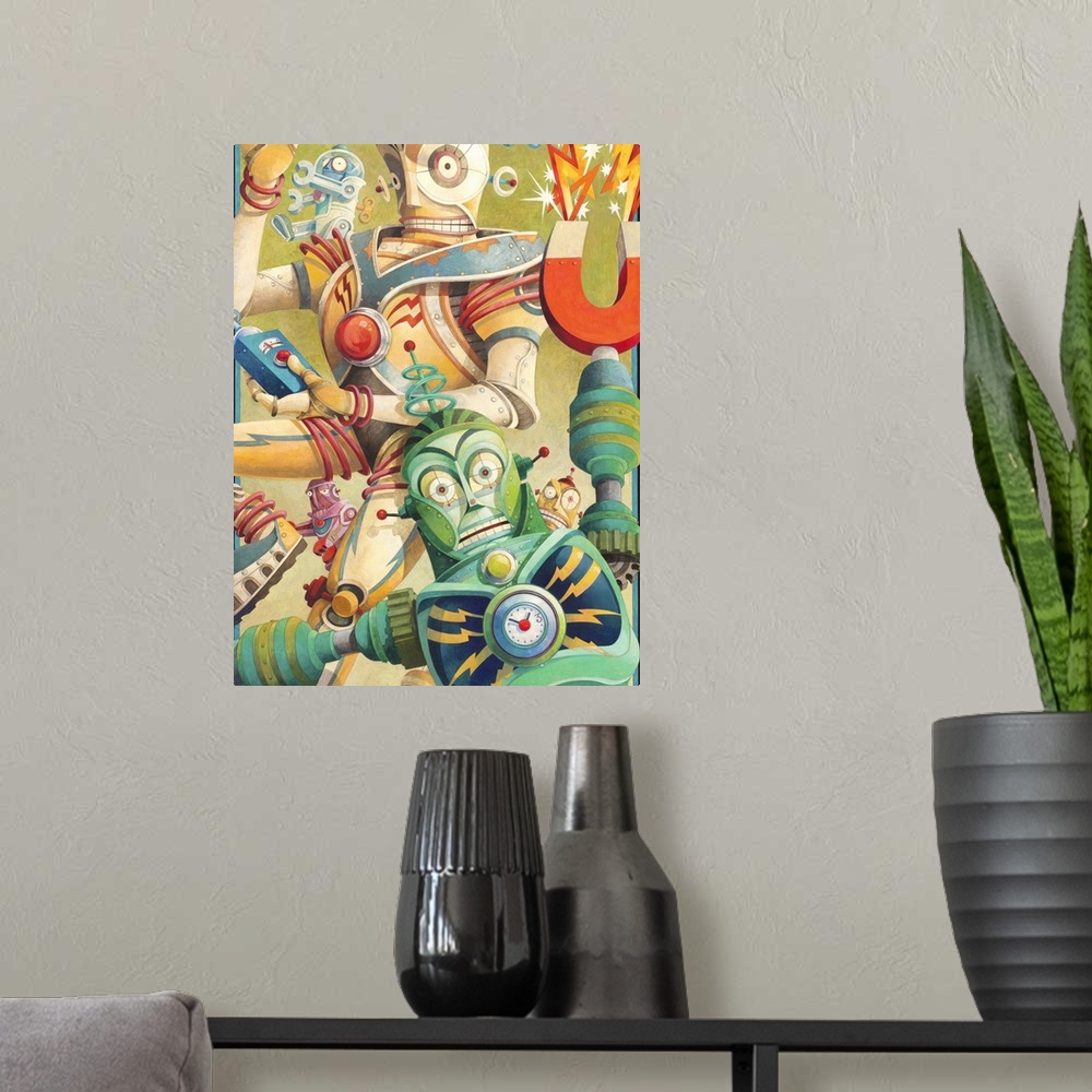 A modern room featuring Contemporary artwork of elaborate and colorful looking robot characters.