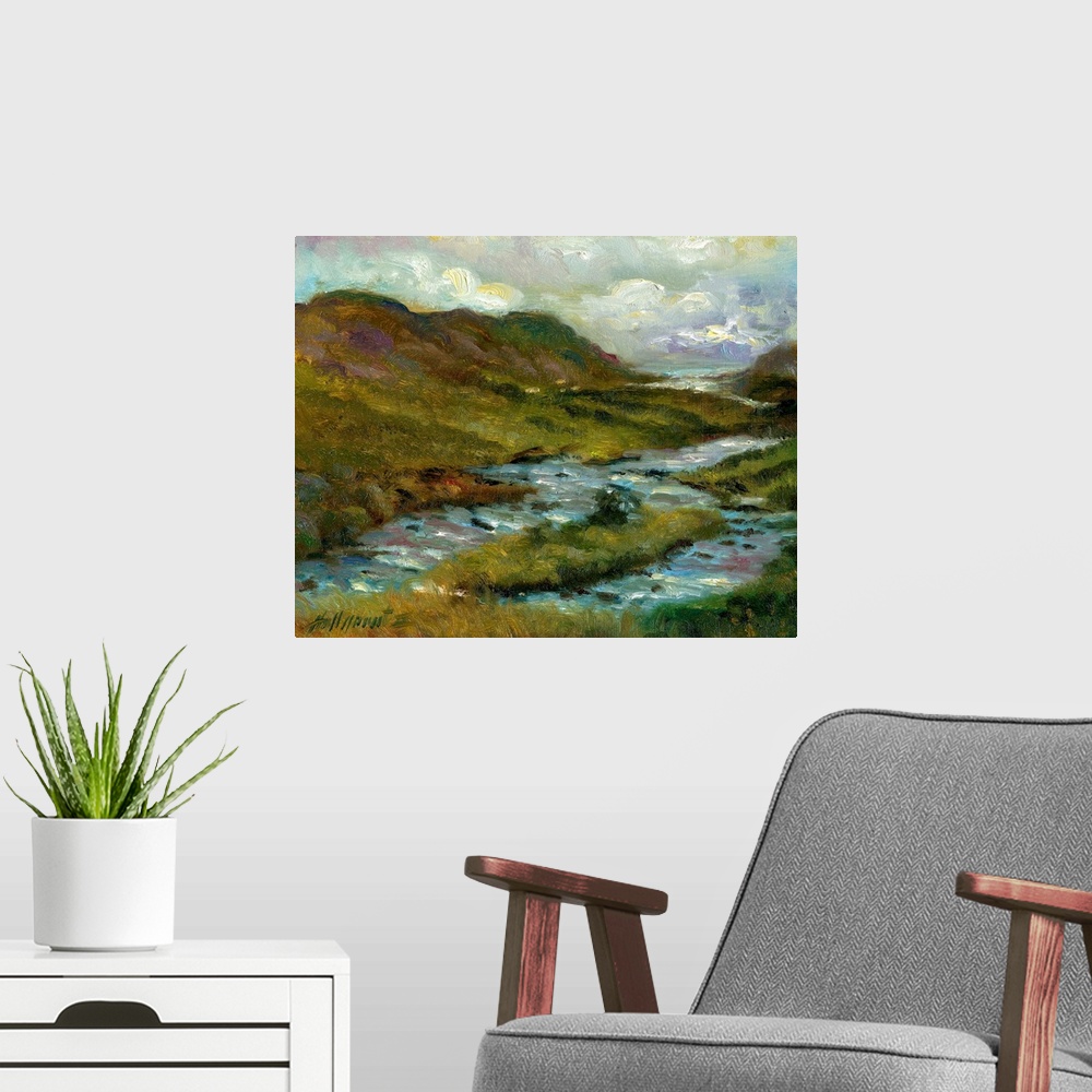A modern room featuring Contemporary painting of a scenic view of Irish countryside.