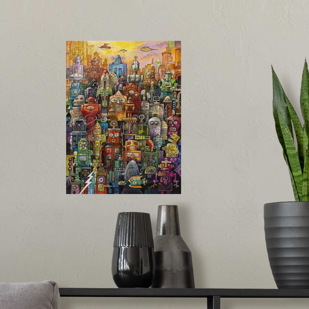 A modern room featuring A painting of a group of robots.
