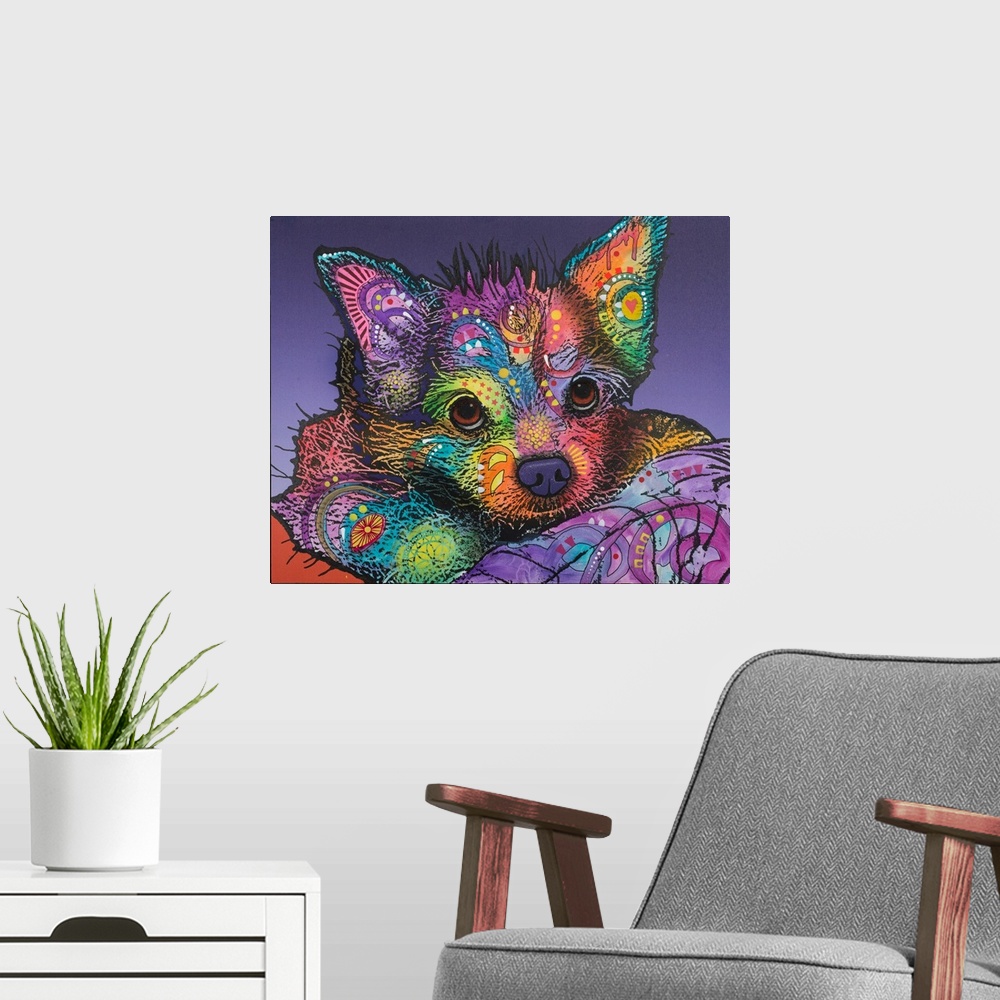 A modern room featuring Colorful painting of a puppy with graffiti-like designs laying down with a purple background.
