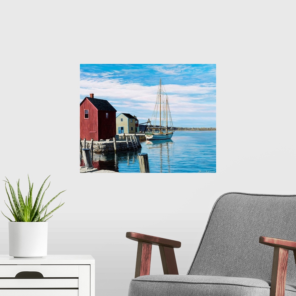 A modern room featuring Contemporary painting of a boat and houses at a harbor in Rockport, Massachusetts.