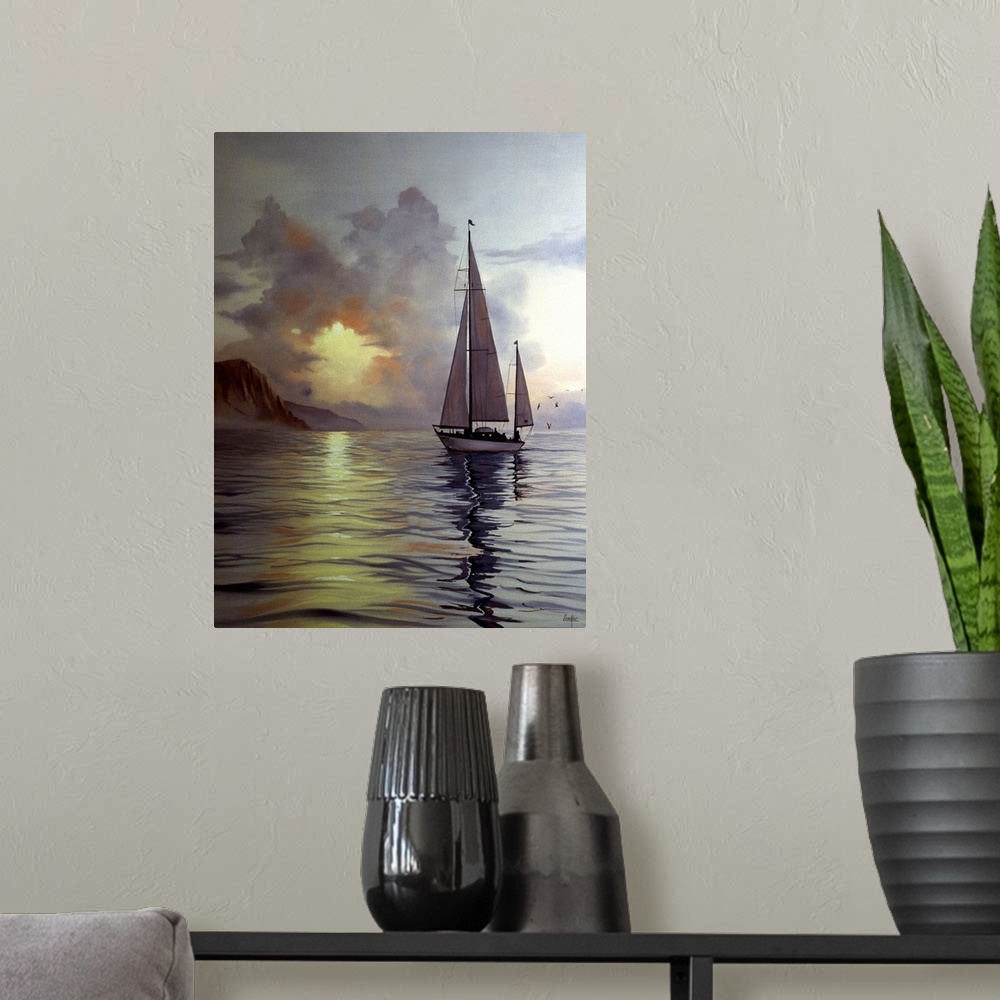 A modern room featuring Contemporary painting of a lone sailboat on calm waters at dusk.