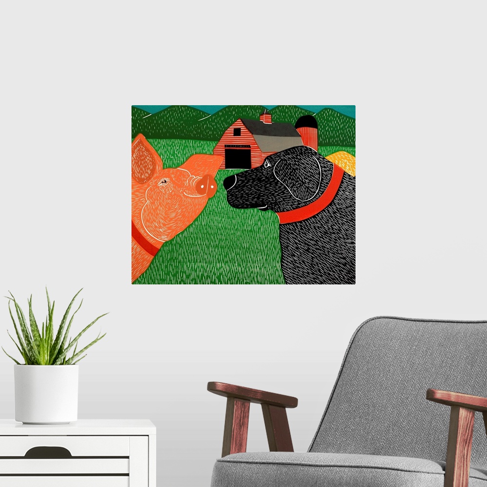 A modern room featuring Illustration of a black lab and a pig facing each other nose to nose with a red barn in the backg...