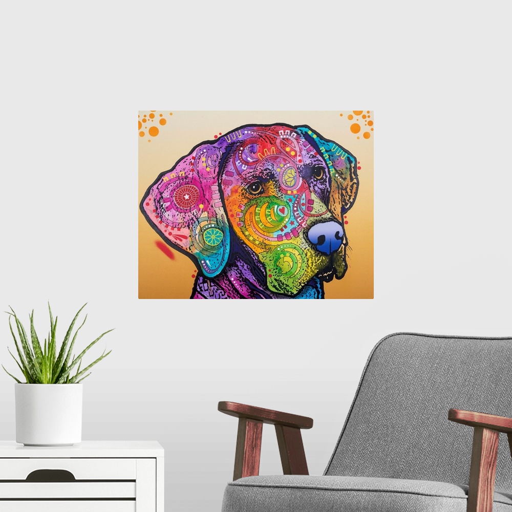 A modern room featuring Pop art style painting of a Labrador with different colors and abstract designs on an orange back...