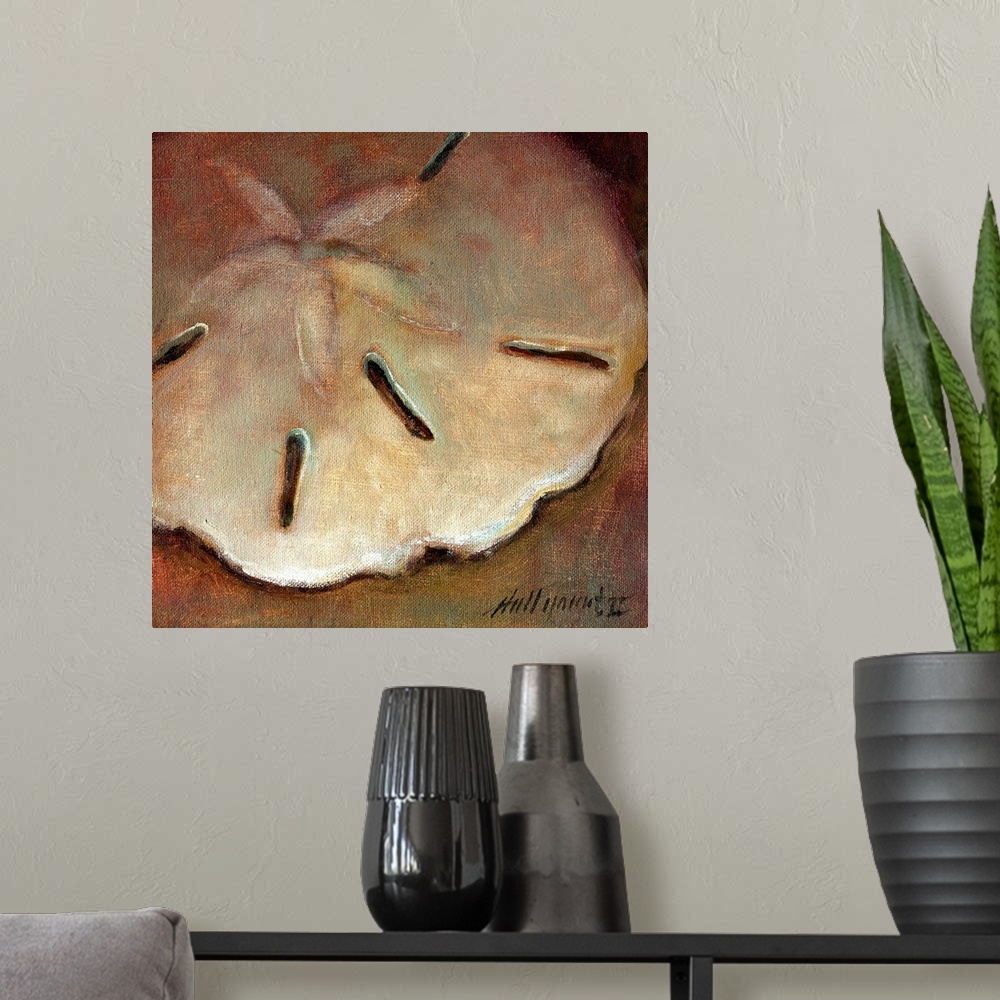 A modern room featuring Contemporary still-life painting of a sand dollar close-up.