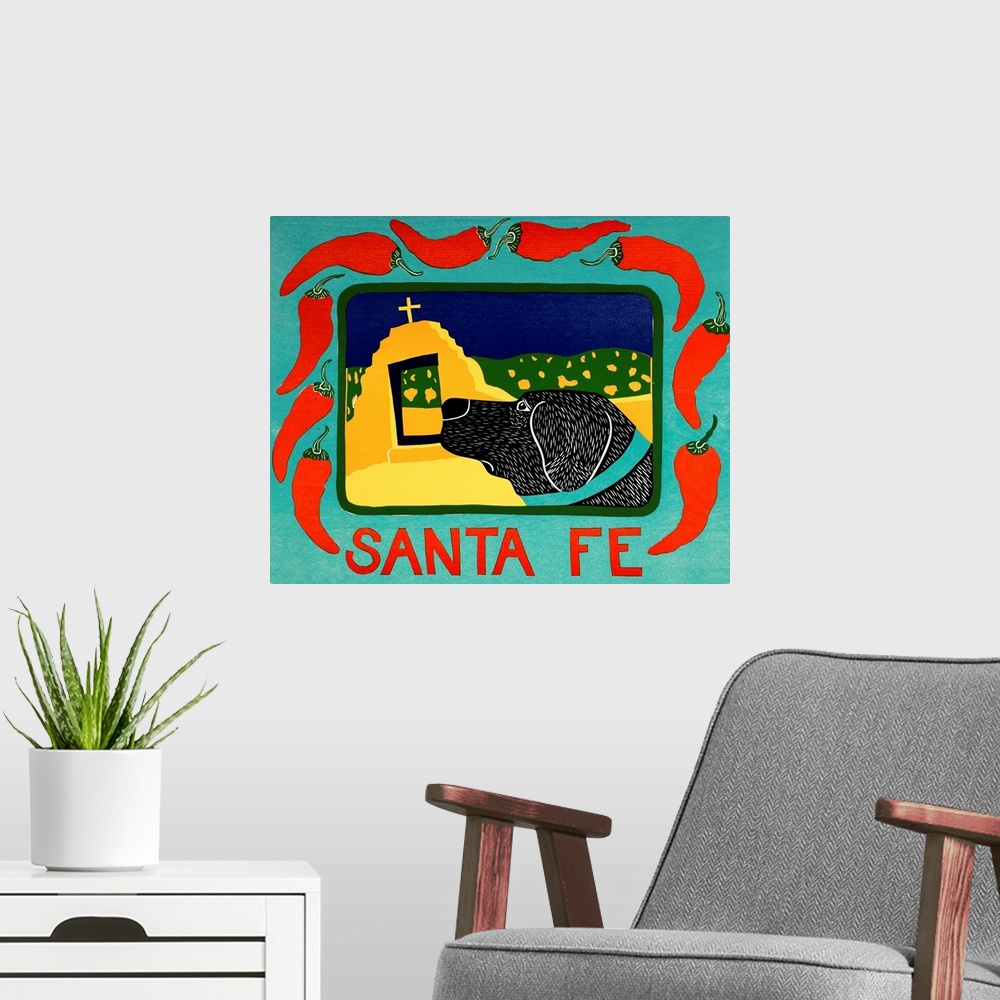 A modern room featuring Illustration of a black lab in Santa Fe framed in a blue frame with red chilies on it and the wor...