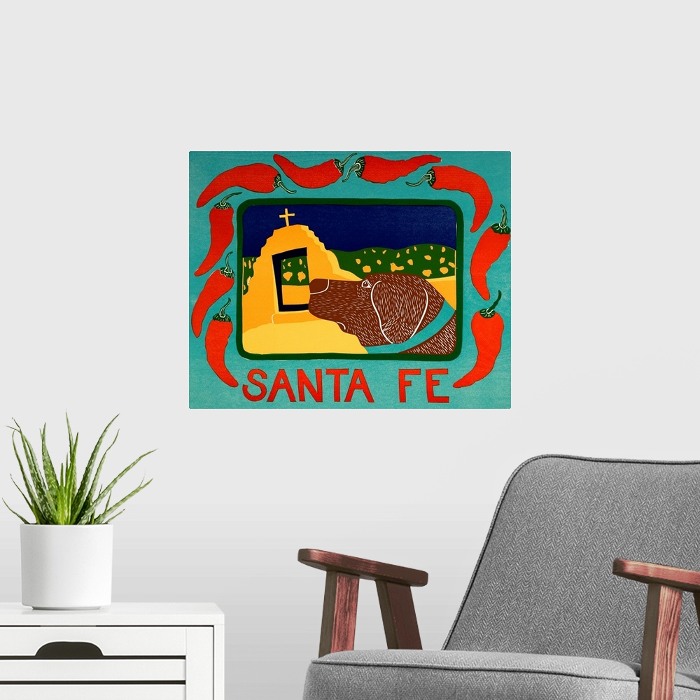 A modern room featuring Illustration of a chocolate lab in Santa Fe framed in a blue frame with red chilies on it and the...