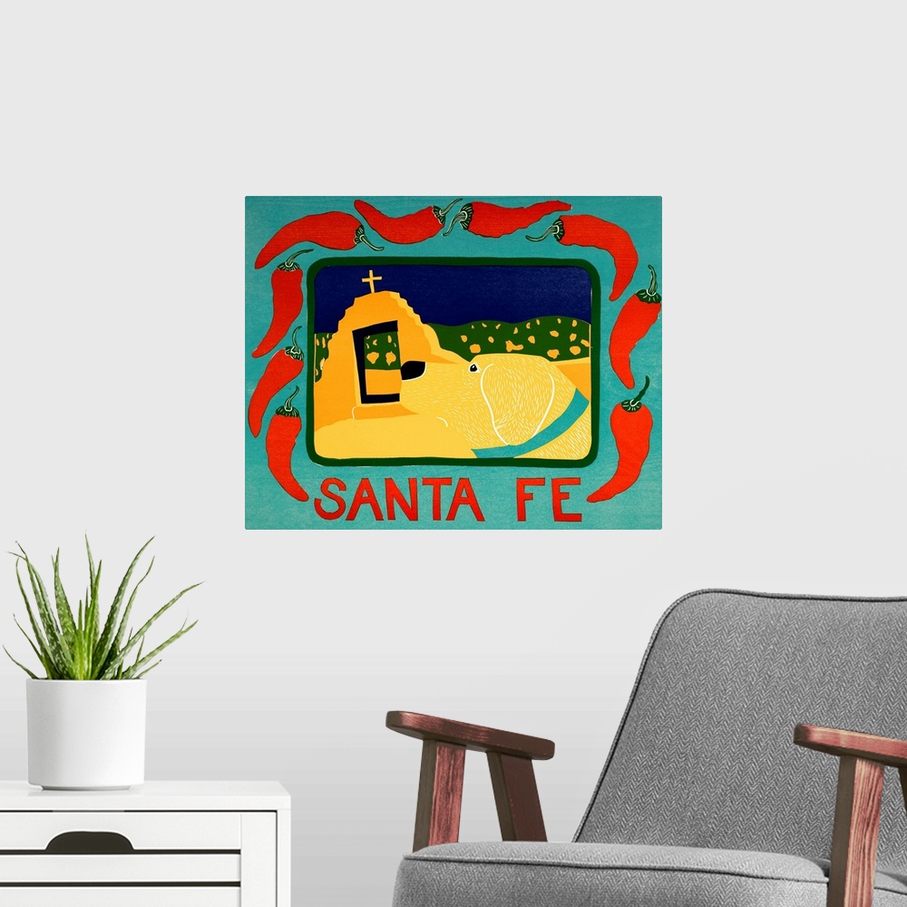 A modern room featuring Illustration of a yellow lab in Santa Fe framed in a blue frame with red chilies on it and the wo...