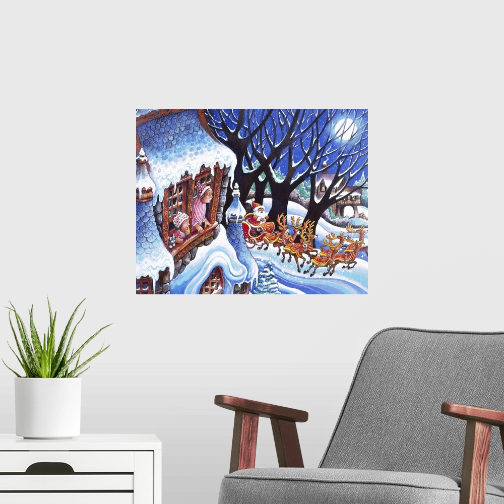 A modern room featuring Man and woman look at window at Santa in sleigh pulled by reindeer.