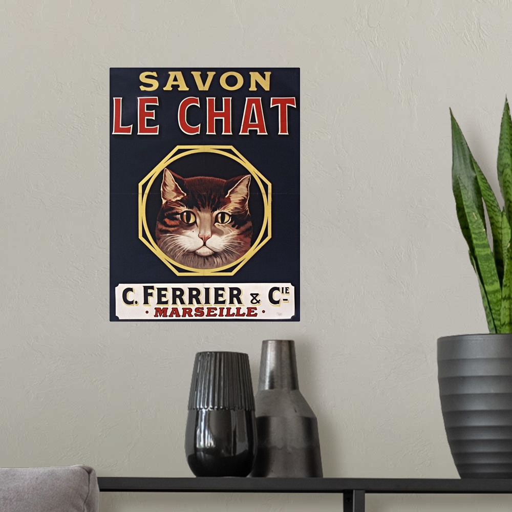 A modern room featuring Vintage poster advertisement for Savon Le Chat Black.