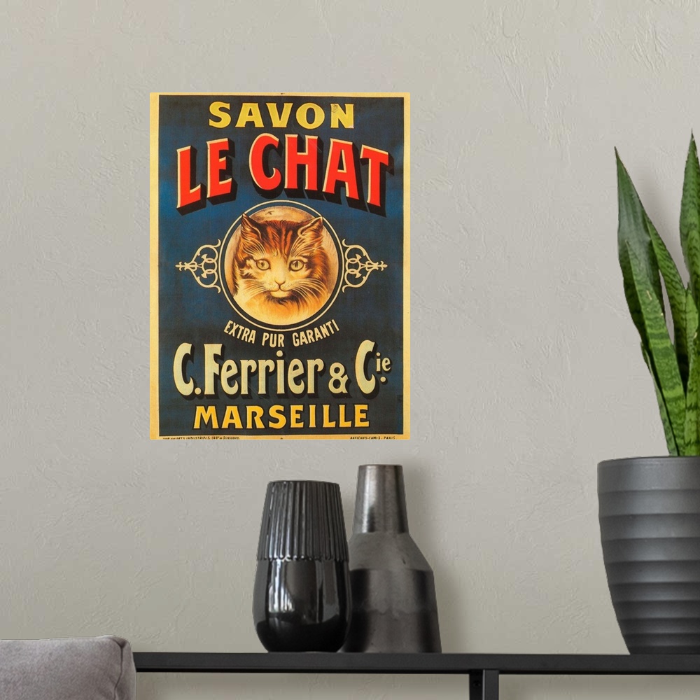 A modern room featuring Savon Le Chat - Vintage Soap Advertisement
