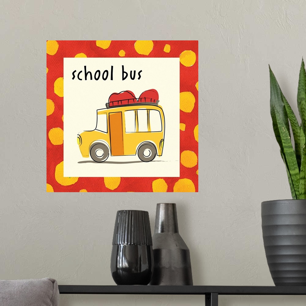 A modern room featuring school bus