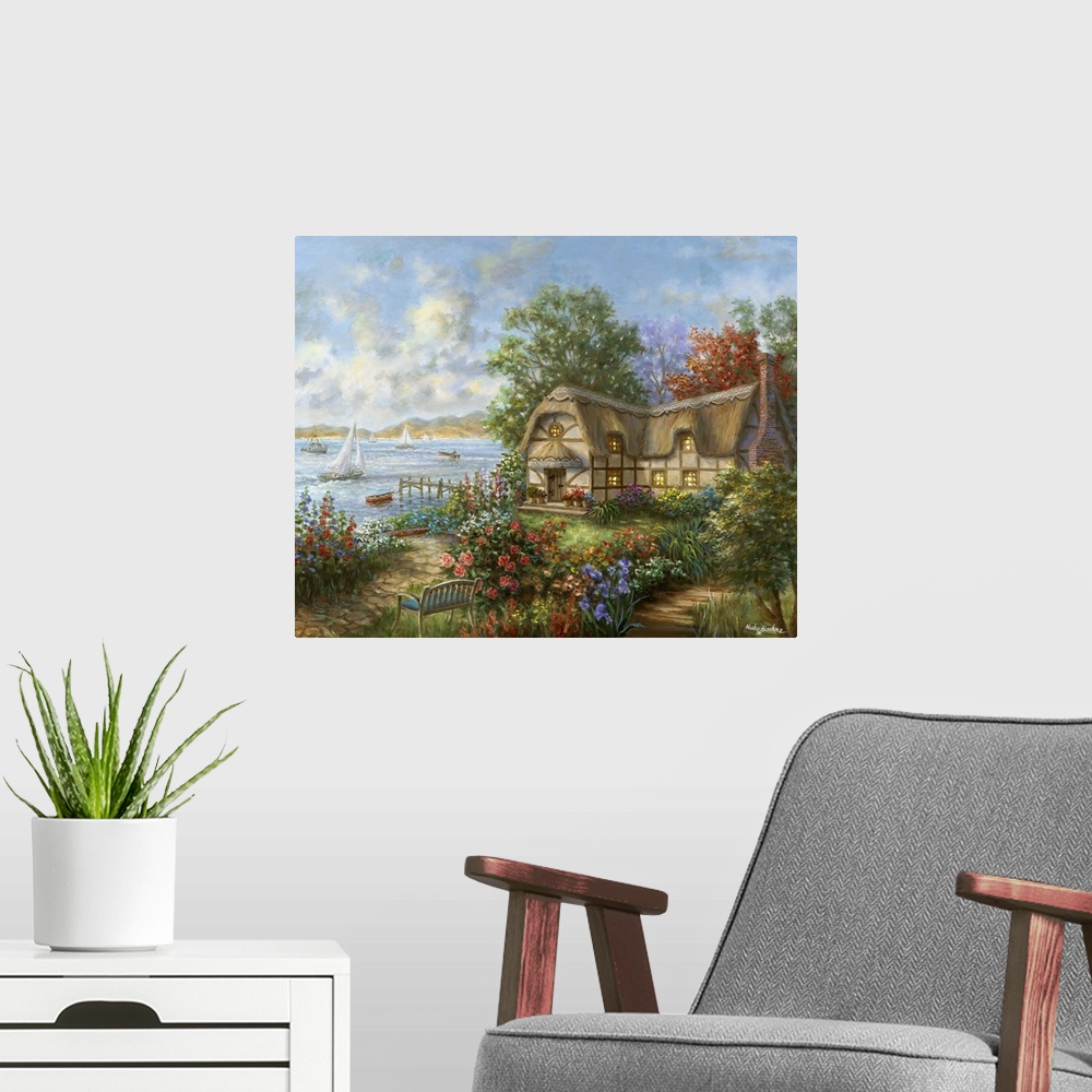 A modern room featuring Painting of riverside scene featuring houses with glowing windows. Product is a painting reproduc...