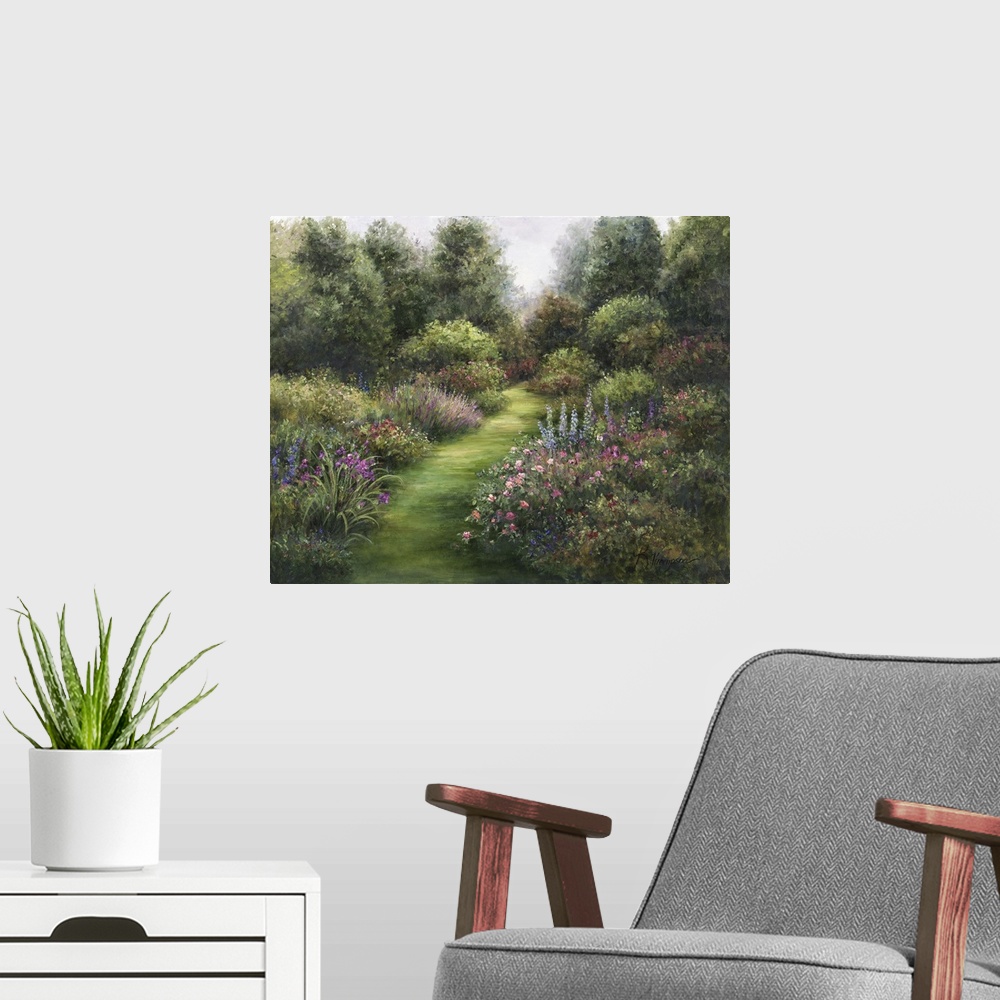 A modern room featuring Contemporary colorful painting of an idyllic garden scene.