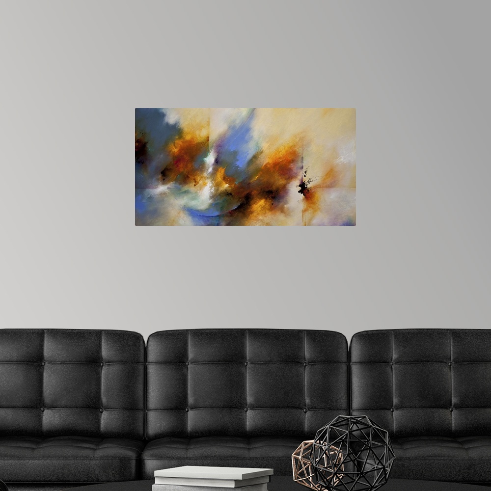 A modern room featuring Contemporary abstract painting in blue and brown.