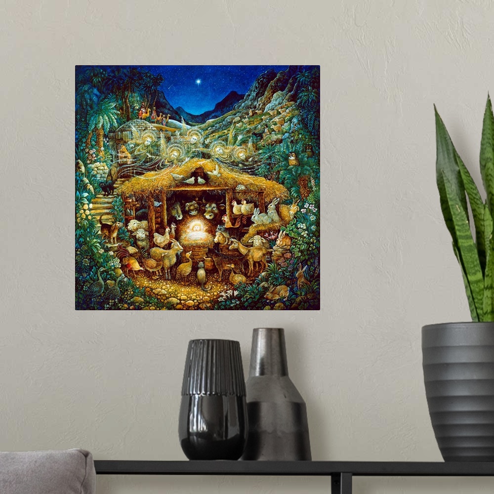 A modern room featuring The Manger, Baby Jesus surrounded by many animals, three wise men and star.