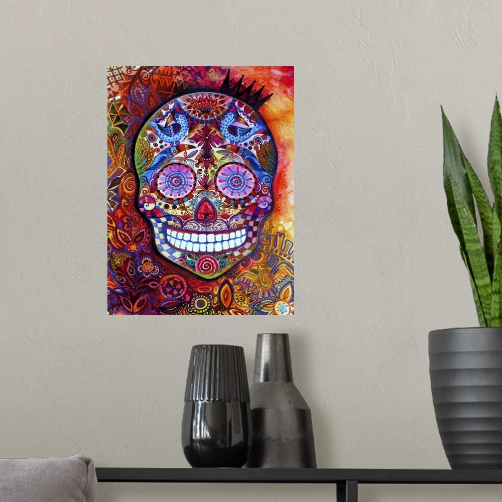 A modern room featuring Watercolor painting of a brightly patterned Day of the Dead sugar skull.