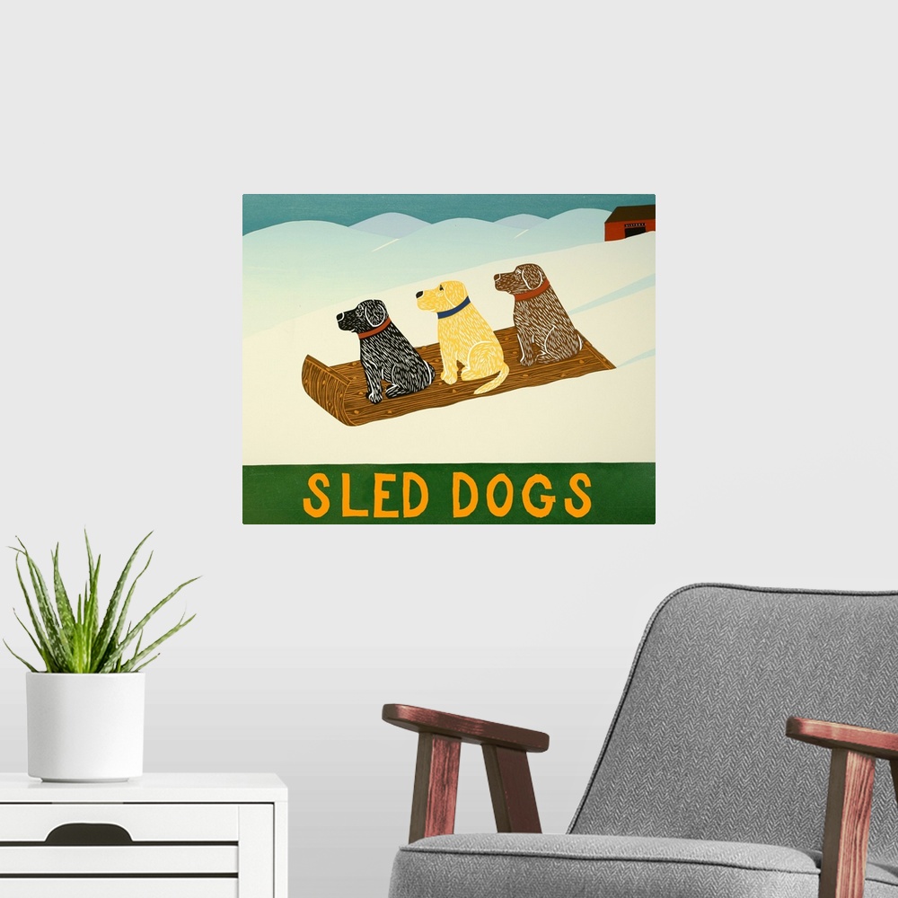 A modern room featuring Illustration of a chocolate, yellow, and black lab sledding down the slopes with the phrase  "Sle...