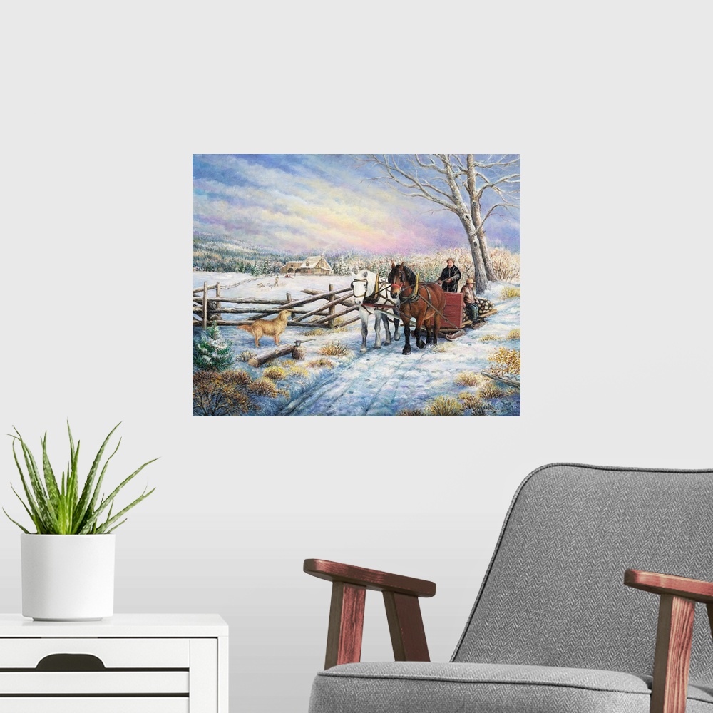 A modern room featuring Contemporary artwork of couple of people on a sleigh being pulled by two horses past a fence.