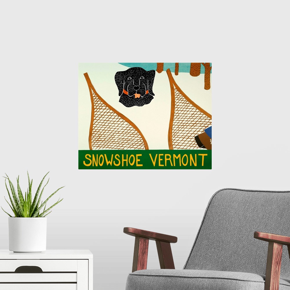 A modern room featuring Illustration of a black lab buried in the snow with a set of snowshoes in front of it and "Snowsh...