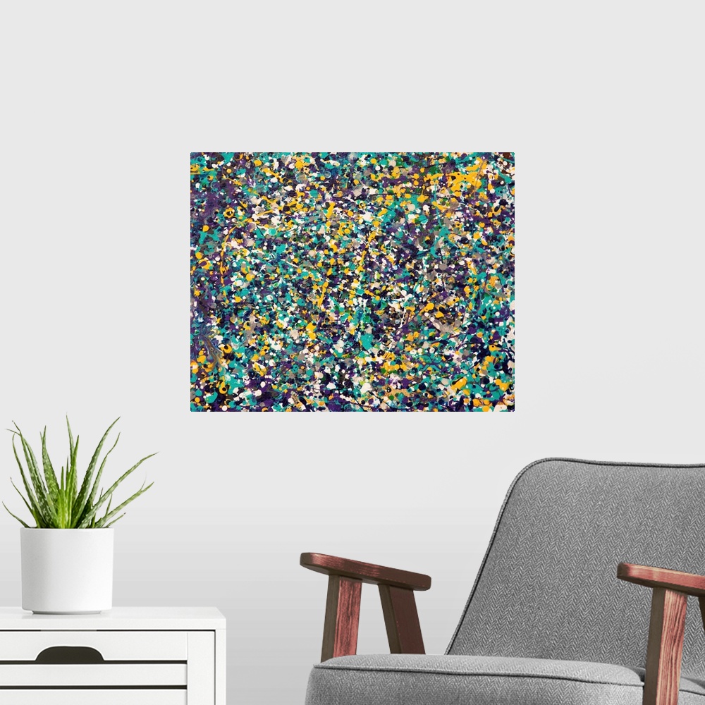 A modern room featuring Contemporary abstract painting made of paint splatters.